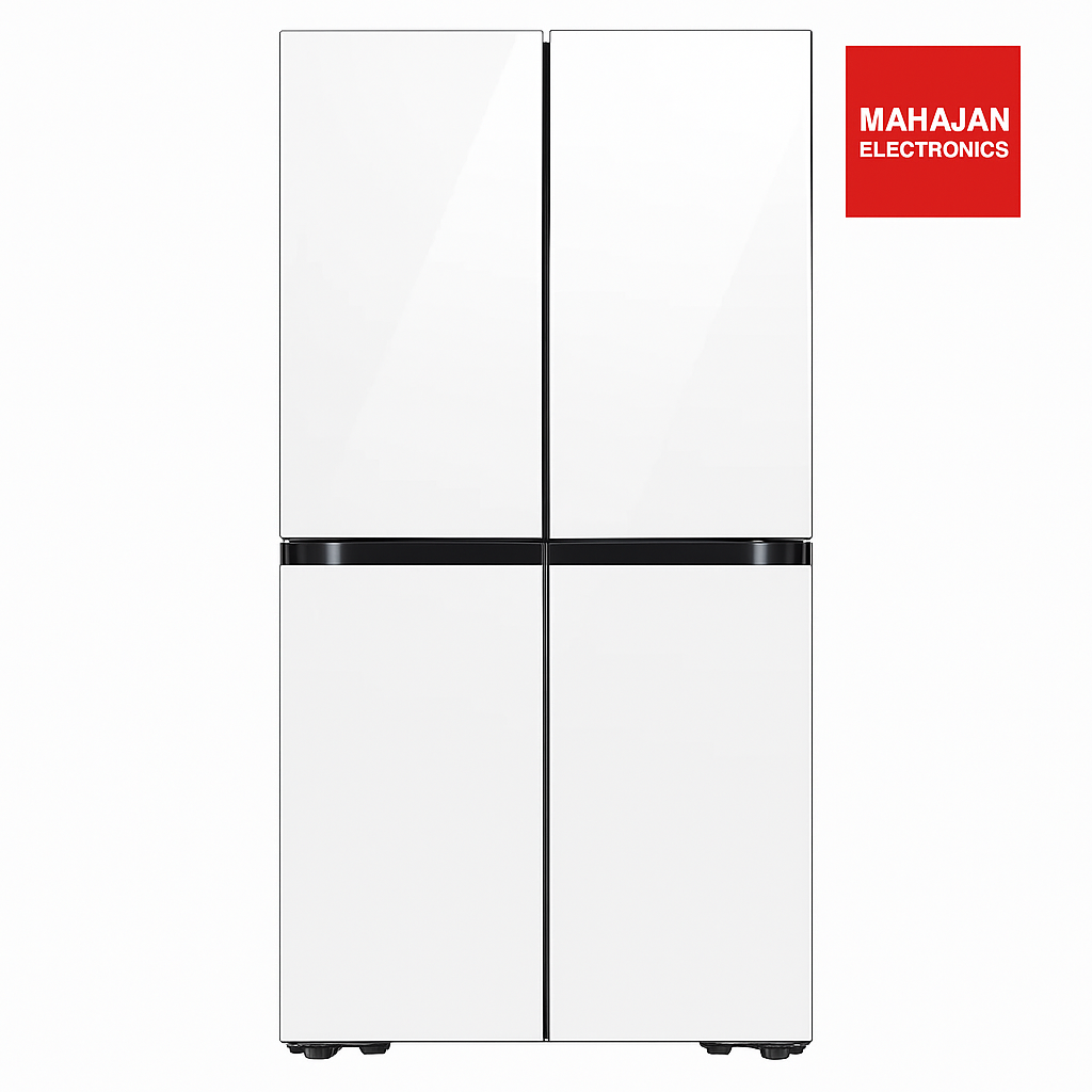 White refrigerator with black handles on a white background, featuring the Mahajan Electronics logo.