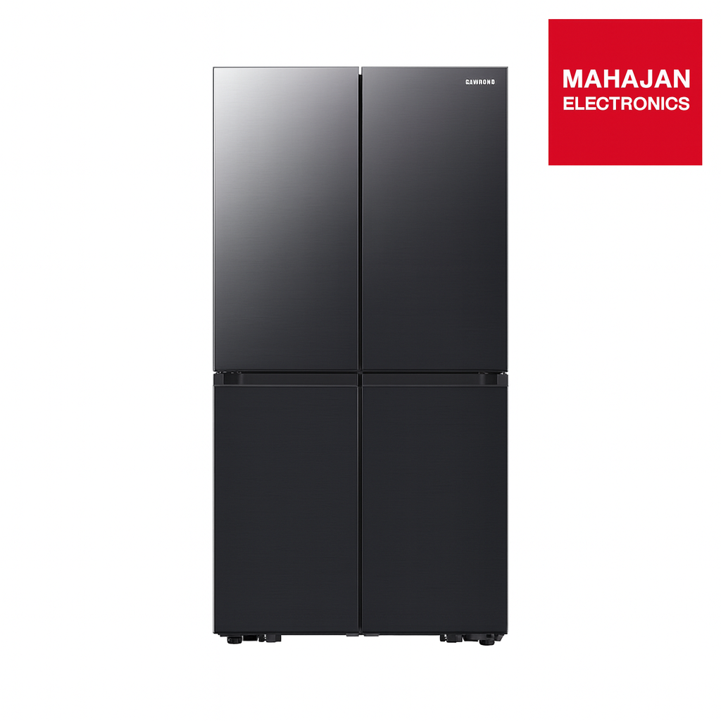 Black refrigerator with Mahajan Electronics logo on a white background