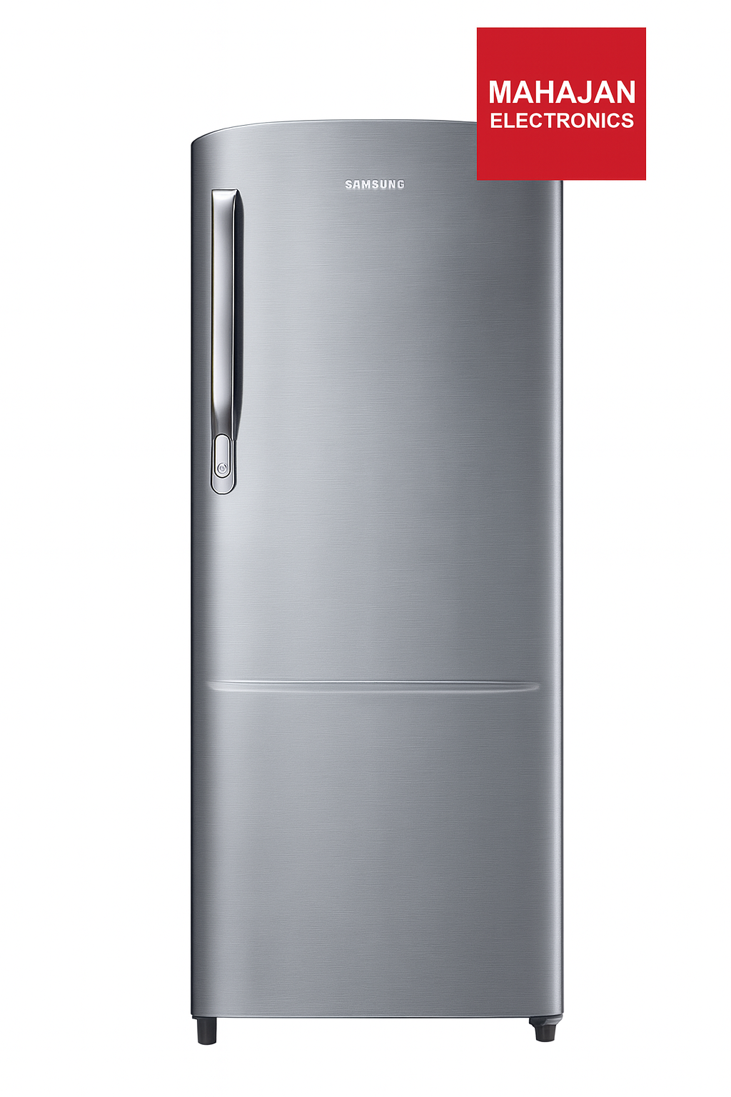 Silver refrigerator with Samsung logo on a white background, featuring Mahajan Electronics branding.