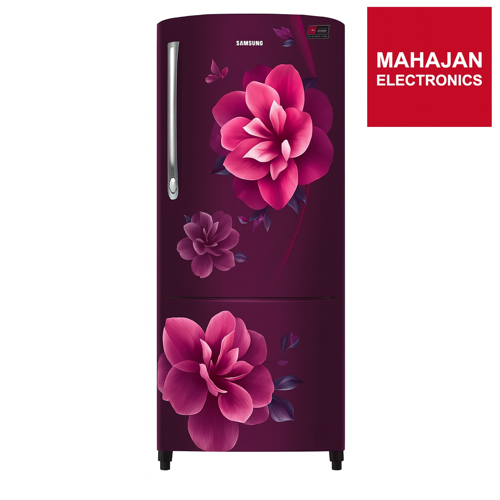 Floral design refrigerator with Samsung logo on a white background, branded by Mahajan Electronics.