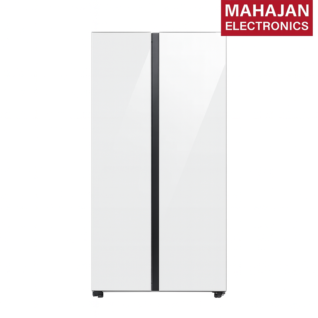 White refrigerator with black handles on a white background, featuring the Mahajan Electronics logo.