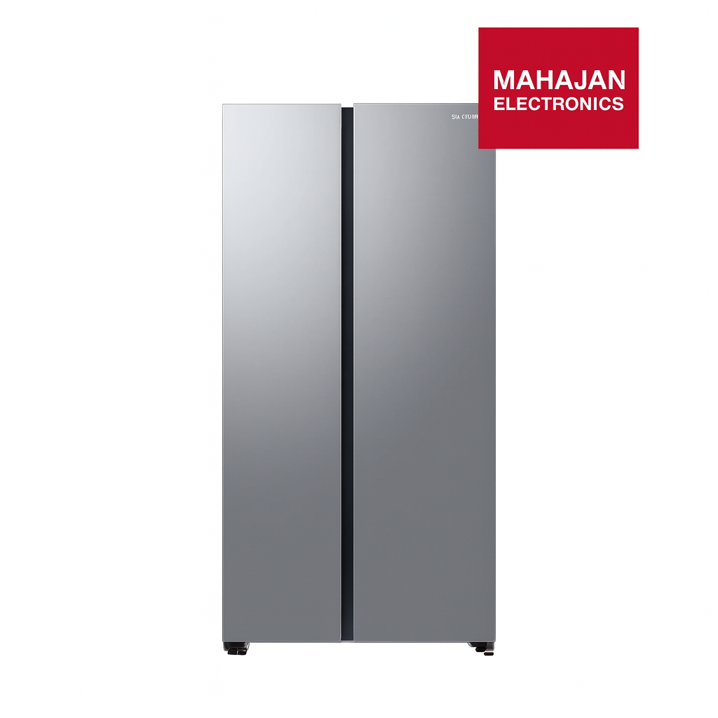 Stainless steel refrigerator with Mahajan Electronics logo on a white background