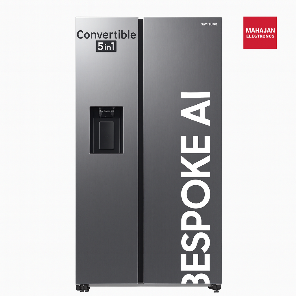 Samsung Bespoke AI refrigerator with Mahajan Electronics logo on a white background