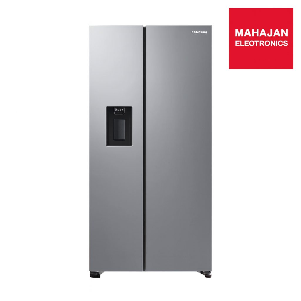 Silver refrigerator with water and ice dispenser on a white background, featuring the Mahajan Electronics logo.