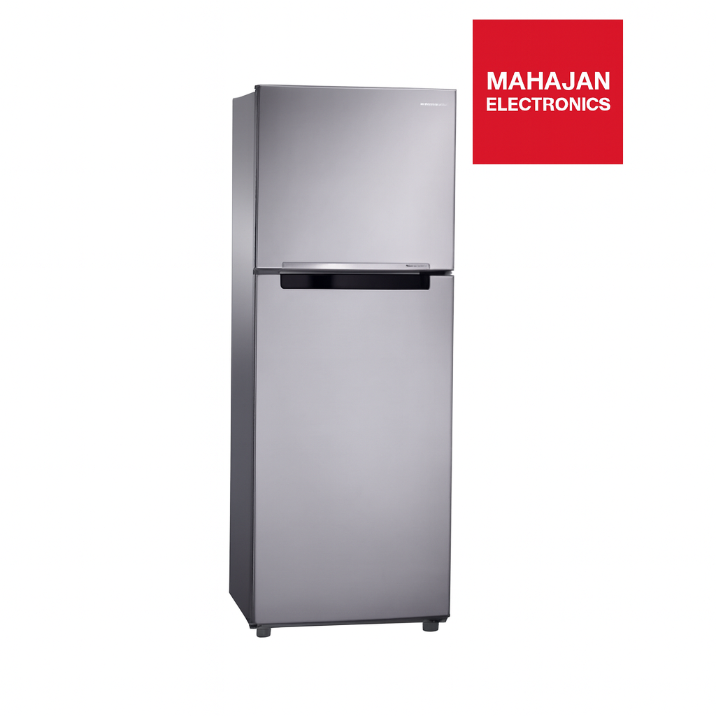 Stainless steel refrigerator with Mahajan Electronics logo on a white background