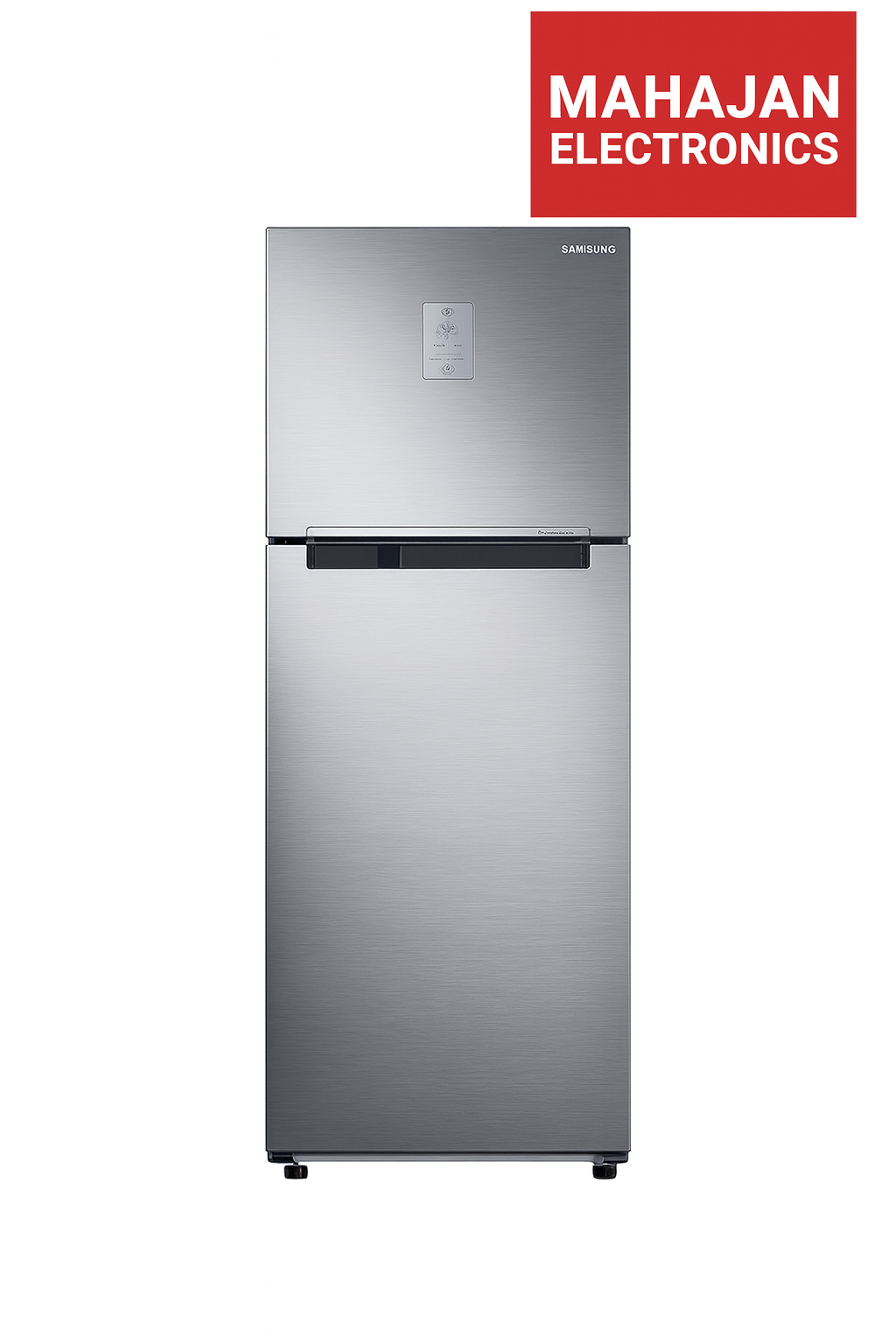 Stainless steel refrigerator with Mahajan Electronics logo above it on a white background