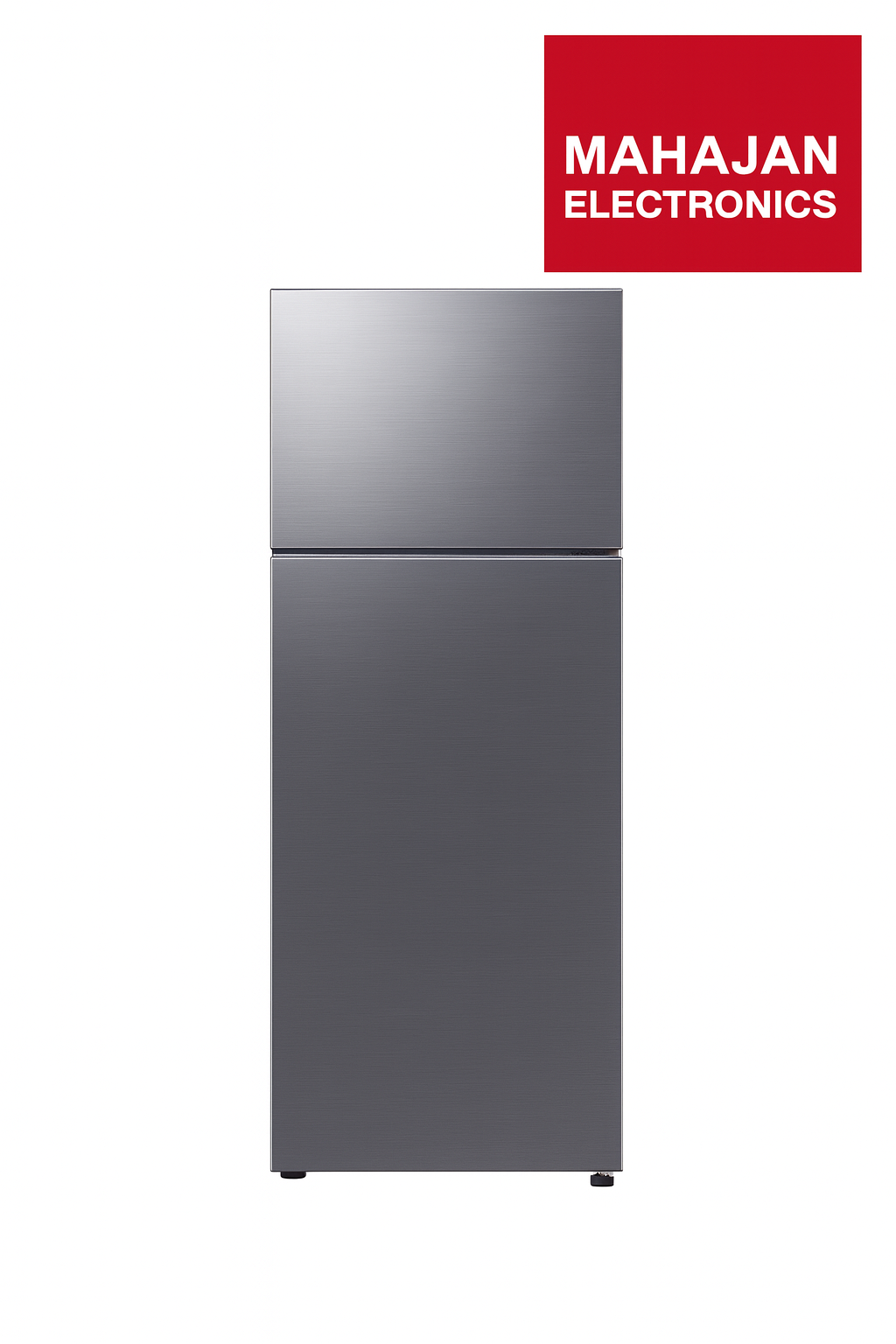 Stainless steel refrigerator with Mahajan Electronics logo on a white background
