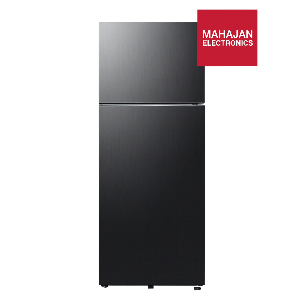 Black refrigerator with Mahajan Electronics logo on a white background