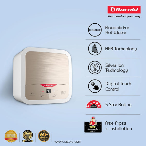 Racold Omnis DG 25L Star Storage Water Geyser (Sandstorm Gold) Smart Bath Logic Touch Control Auto Diagnosis Enamel Tank Bar Pressure