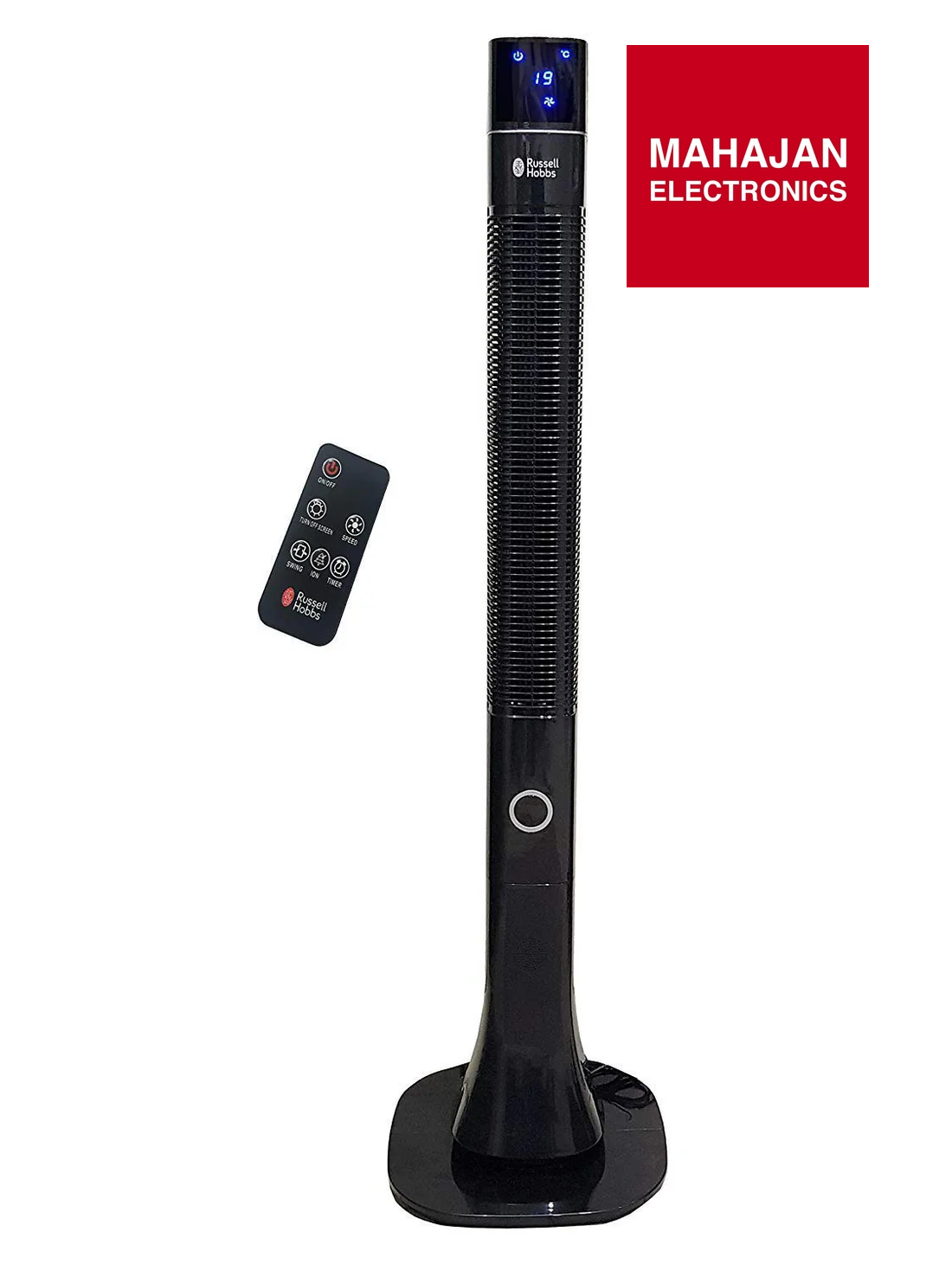 Black tower fan with remote control on a white background, featuring the Mahajan Electronics logo.