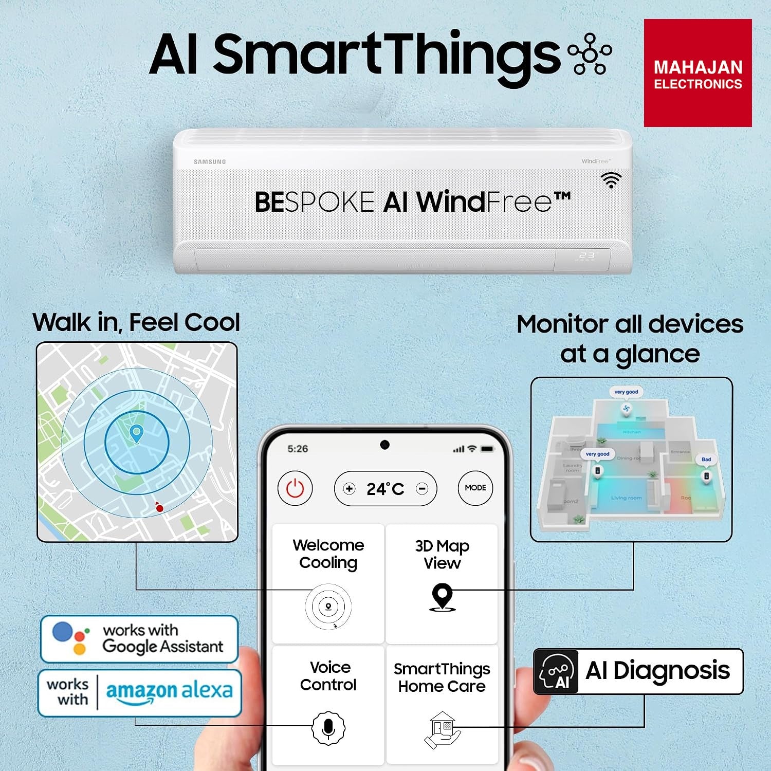 Samsung AR60H18D1PWNNA 1.5 Ton 3 Star Bespoke AI WindFree Inverter Smart Split AC – 2026 Model-Online Mahajan Electronics