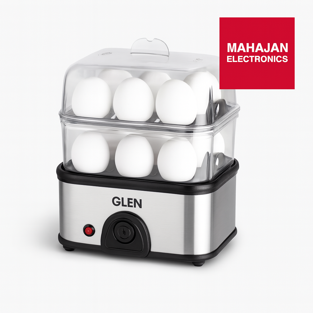 Egg cooker with eggs inside, branded as Glen with Mahajan Electronics logo.