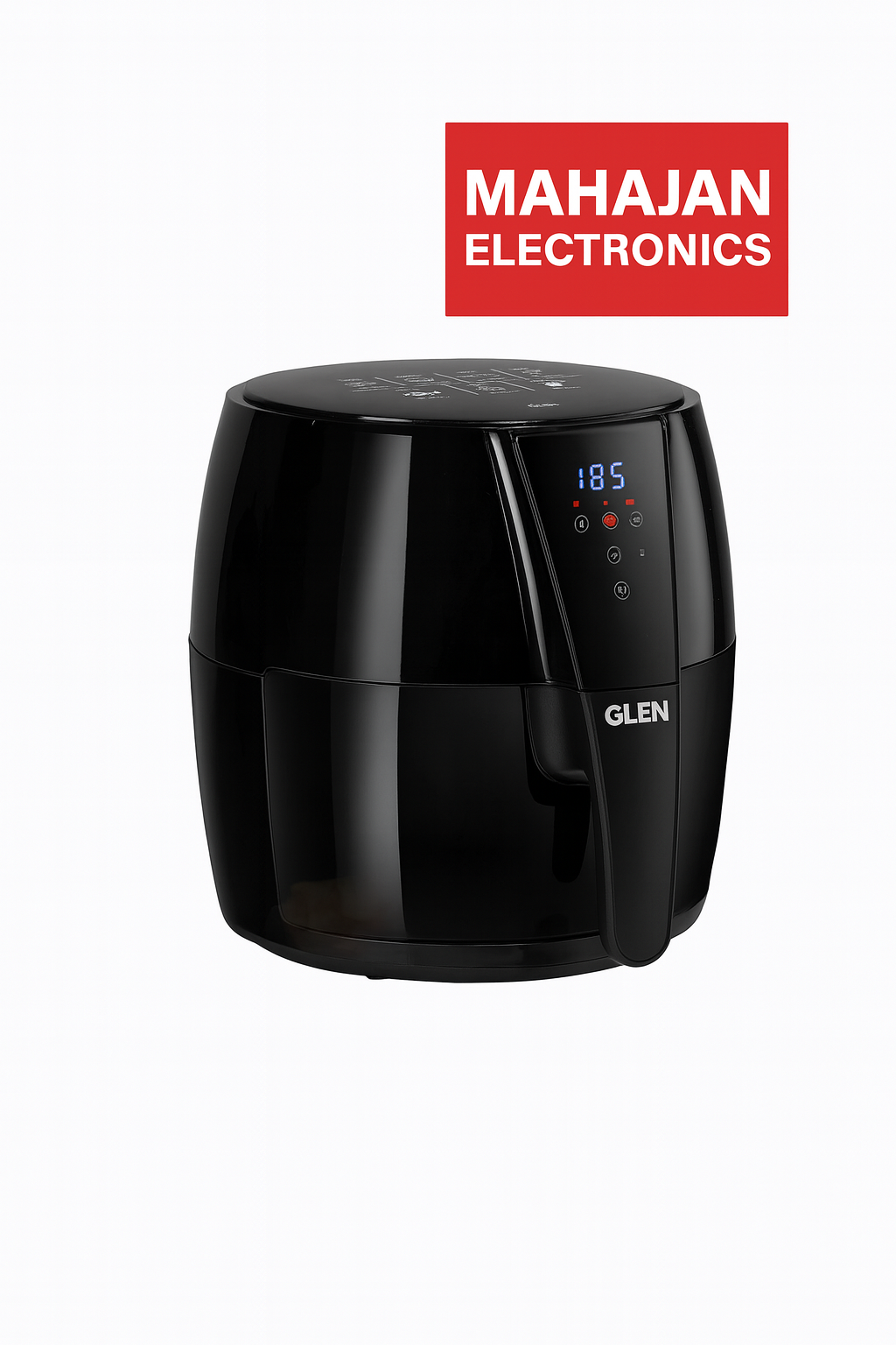 Black air fryer with digital display on a white background, featuring Mahajan Electronics logo.