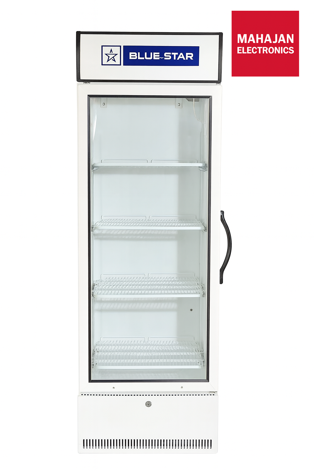 Blue Star refrigerator with Mahajan Electronics branding on a white background