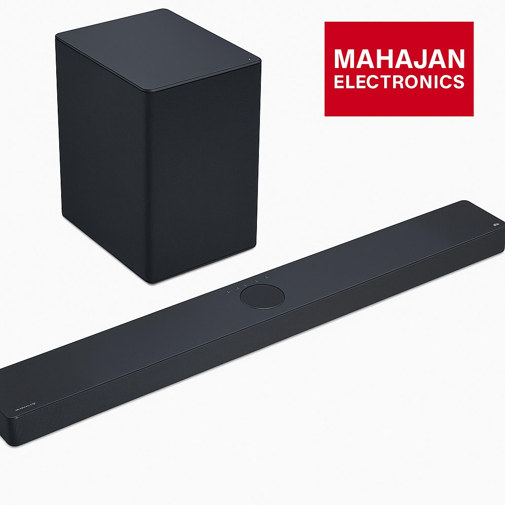 Black soundbar and subwoofer with Mahajan Electronics logo on a white background