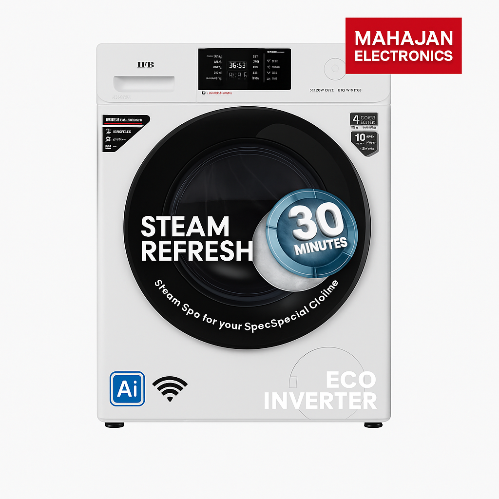 Washing machine with features highlighted on a white background, branded with Mahajan Electronics.