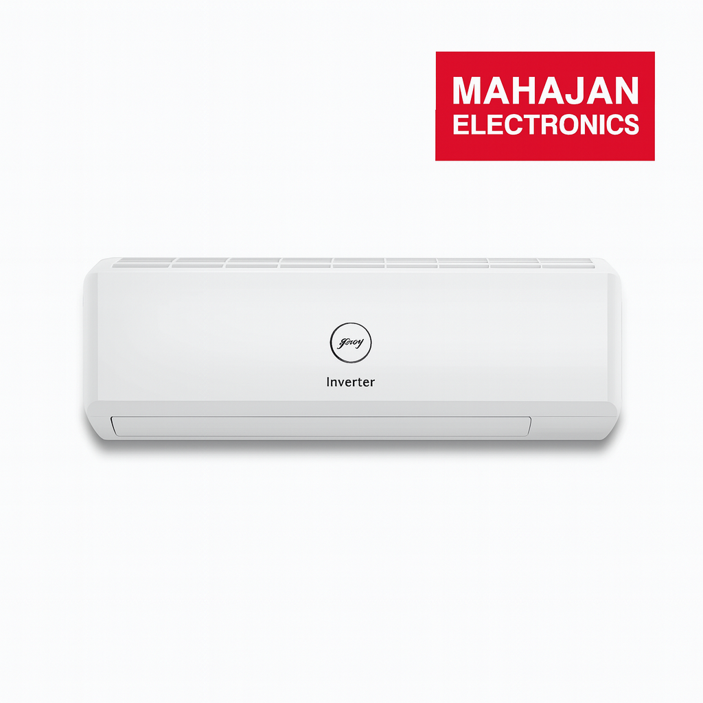White air conditioner with 'MAHAJAN ELECTRONICS' logo on a white background