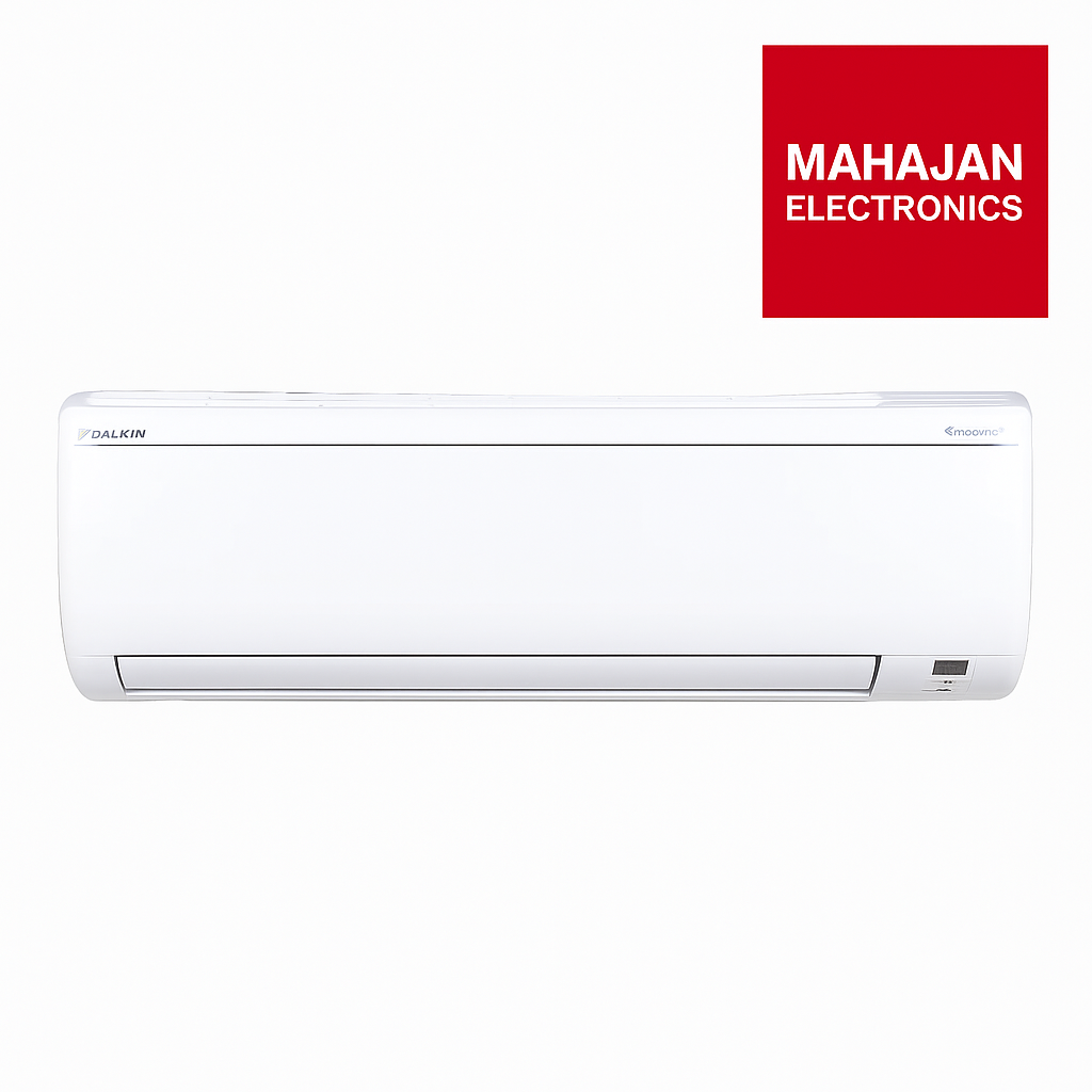 White air conditioner with Mahajan Electronics logo on a white background