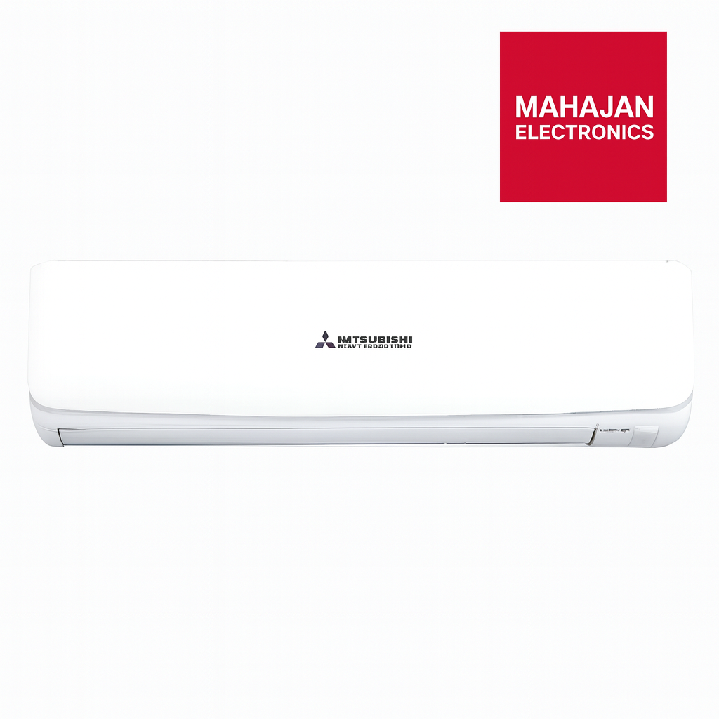 White air conditioner with Mitsubishi Electric logo and Mahajan Electronics branding on a white background