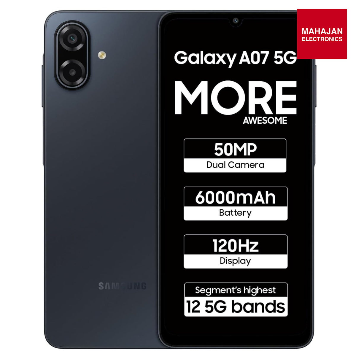 Samsung Galaxy A07 5G Smartphone (Black, 4GB RAM, 128GB Storage) | 120Hz Refresh Rate | Massive 6000mAh Battery | 50MP True Dual Camera | 6 Gen OS Upgrades | Knox Vault Samsung – Mahajan Electronics Online.