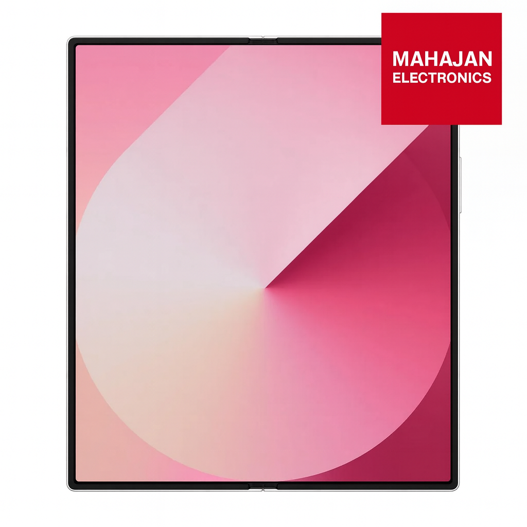 Smartphone with a pink and red gradient design on a white background, featuring the Mahajan Electronics logo.