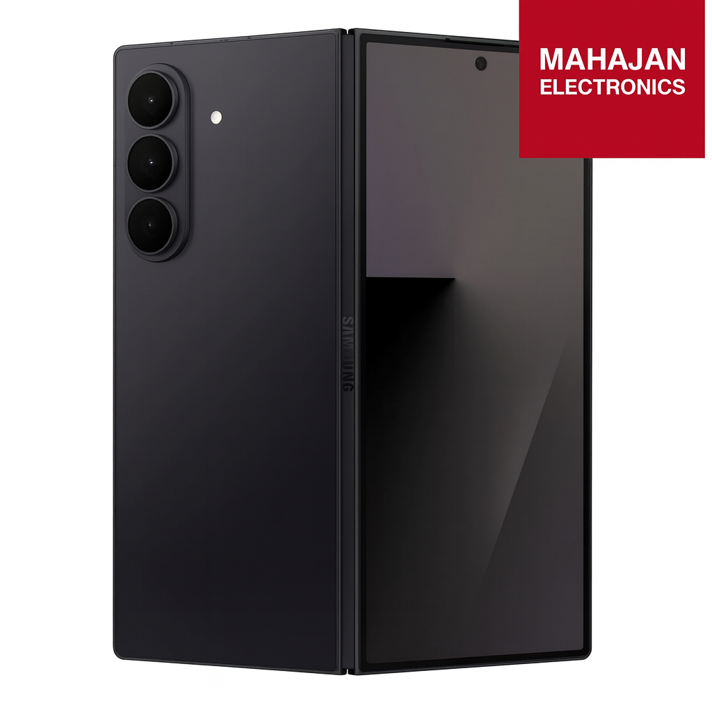 Black smartphone with MAHAJAN ELECTRONICS logo on a white background