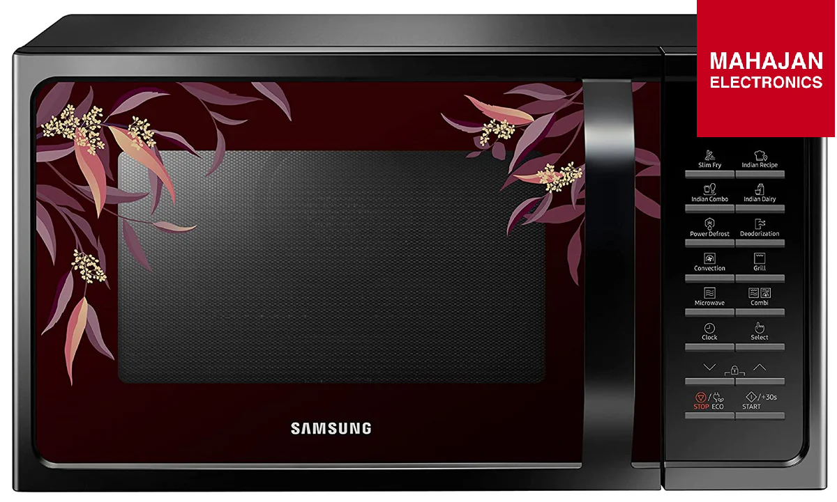 Samsung microwave oven with floral design on the door, brand logo visible, Mahajan Electronics label.