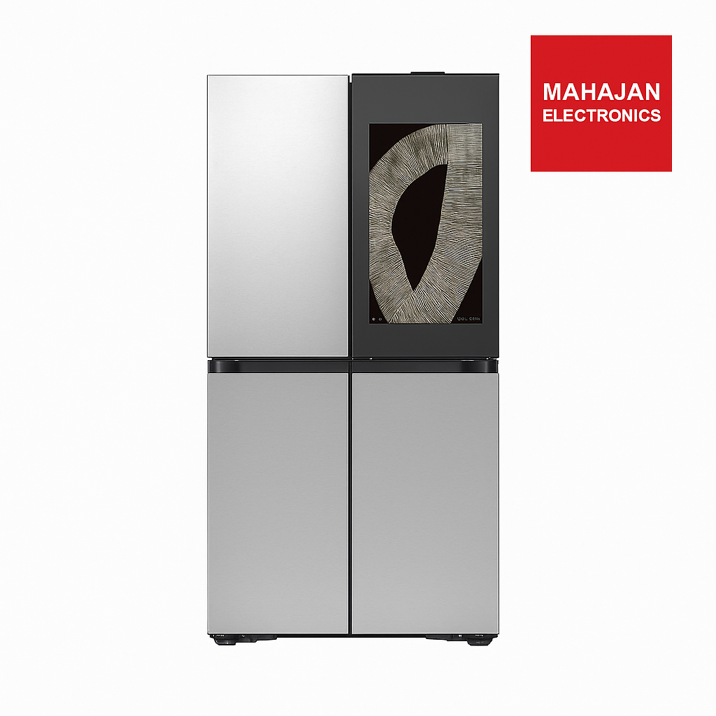 Silver refrigerator with Mahajan Electronics logo on a white background