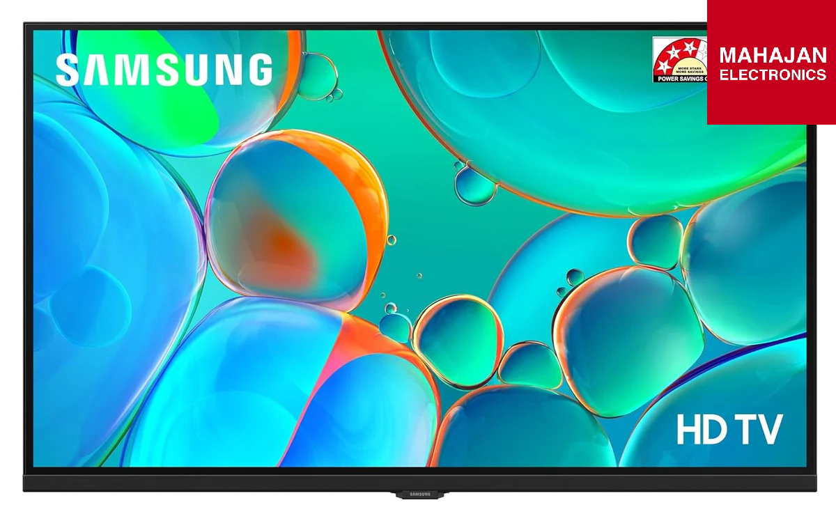 Samsung HD TV with colorful abstract design on the screen, brand logo visible