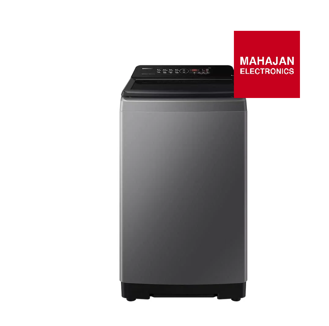 Gray washing machine with Mahajan Electronics logo on a white background