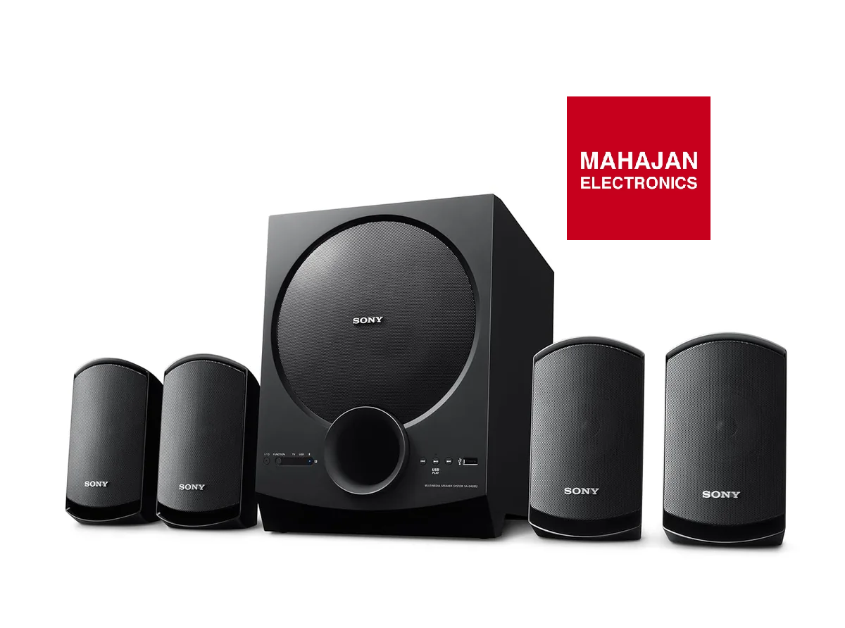 Sony speaker system with a Mahajan Electronics logo on a white background