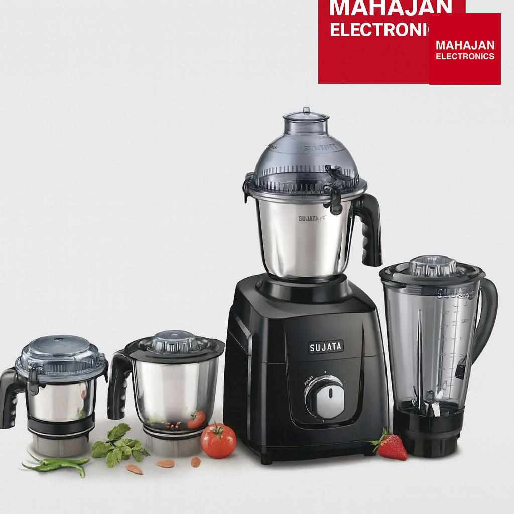 Sujata MG03 Black 1000W Mixer Grinder with 3 Steel Jars & 1 Glass Jar | 2-Year Warranty | High-Speed Motor | 24-Hour Delivery Sujata – Mahajan Electronics Online.
