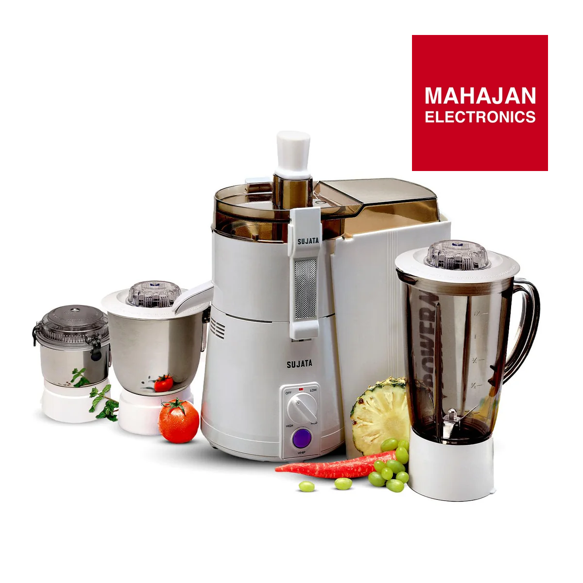 SUJATA juicer set with vegetables on a white background, featuring the MAHAJAN ELECTRONICS logo.