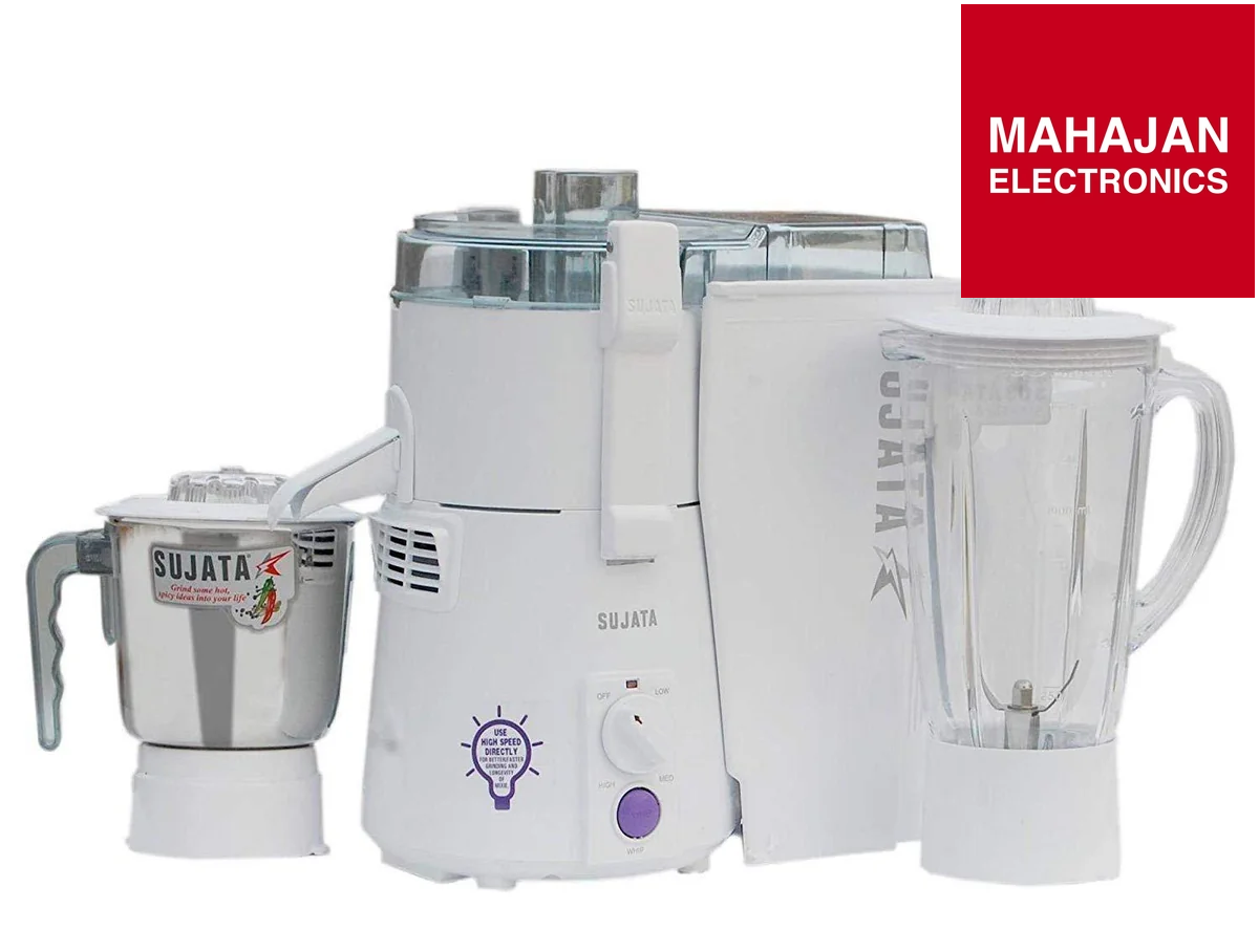 Sujata mixer grinder with attachments on a white background, featuring Mahajan Electronics logo.