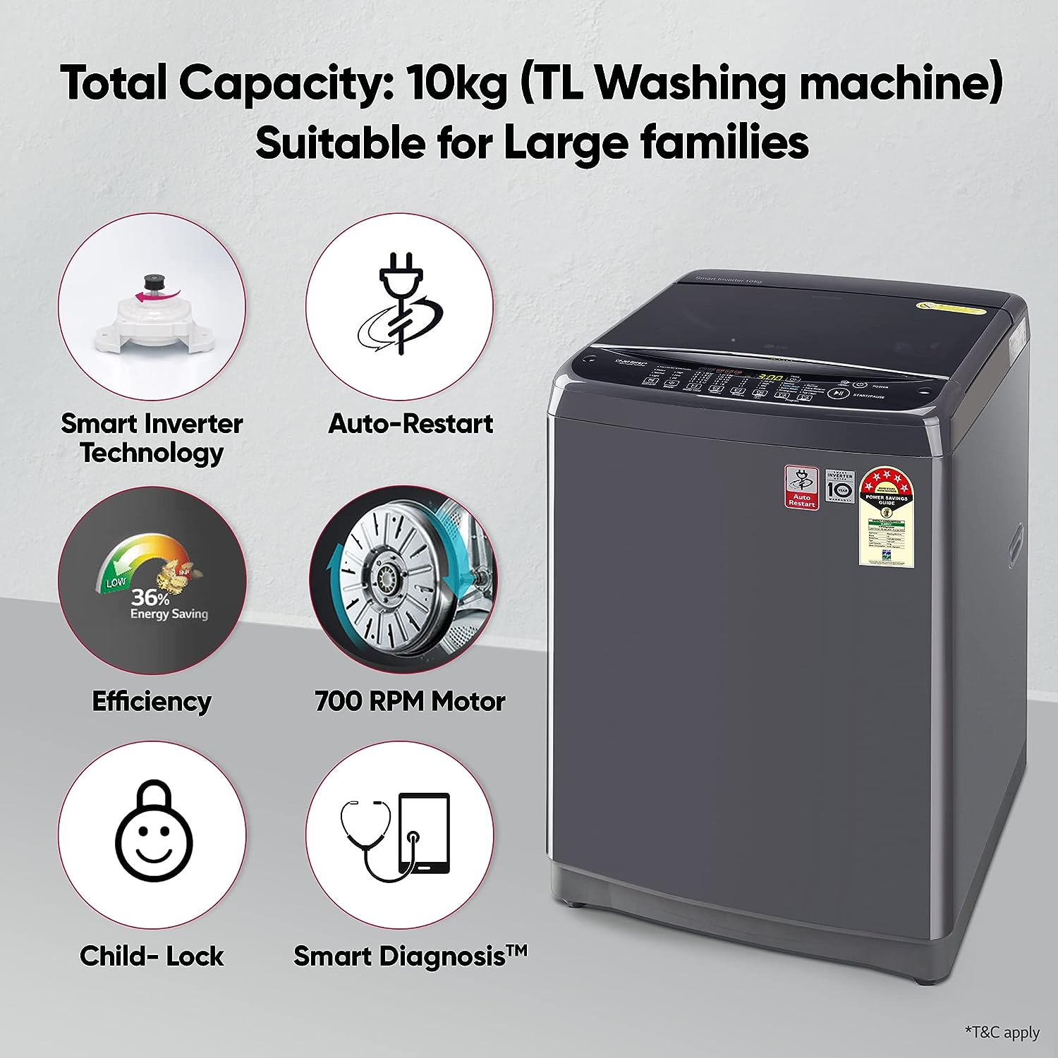 LG 10 Kg 5 Star Inverter TurboDrum Fully Automatic Top Loading Washing Machine (T10SJMB1Z, Jet Spray+, Smart Closing Door, Middle Black) - Mahajan Electronics Online