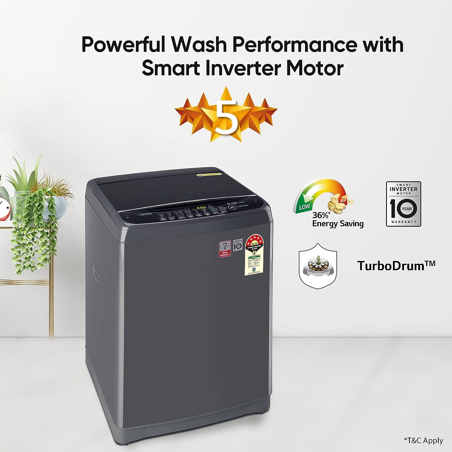 LG 10 Kg 5 Star Inverter TurboDrum Fully Automatic Top Loading Washing Machine (T10SJMB1Z, Jet Spray+, Smart Closing Door, Middle Black) - Mahajan Electronics Online