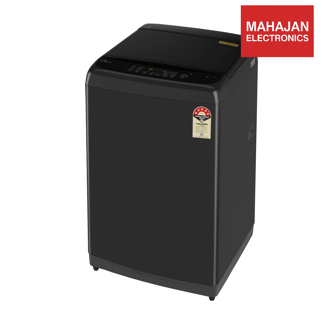 Black washing machine with Mahajan Electronics logo on a white background