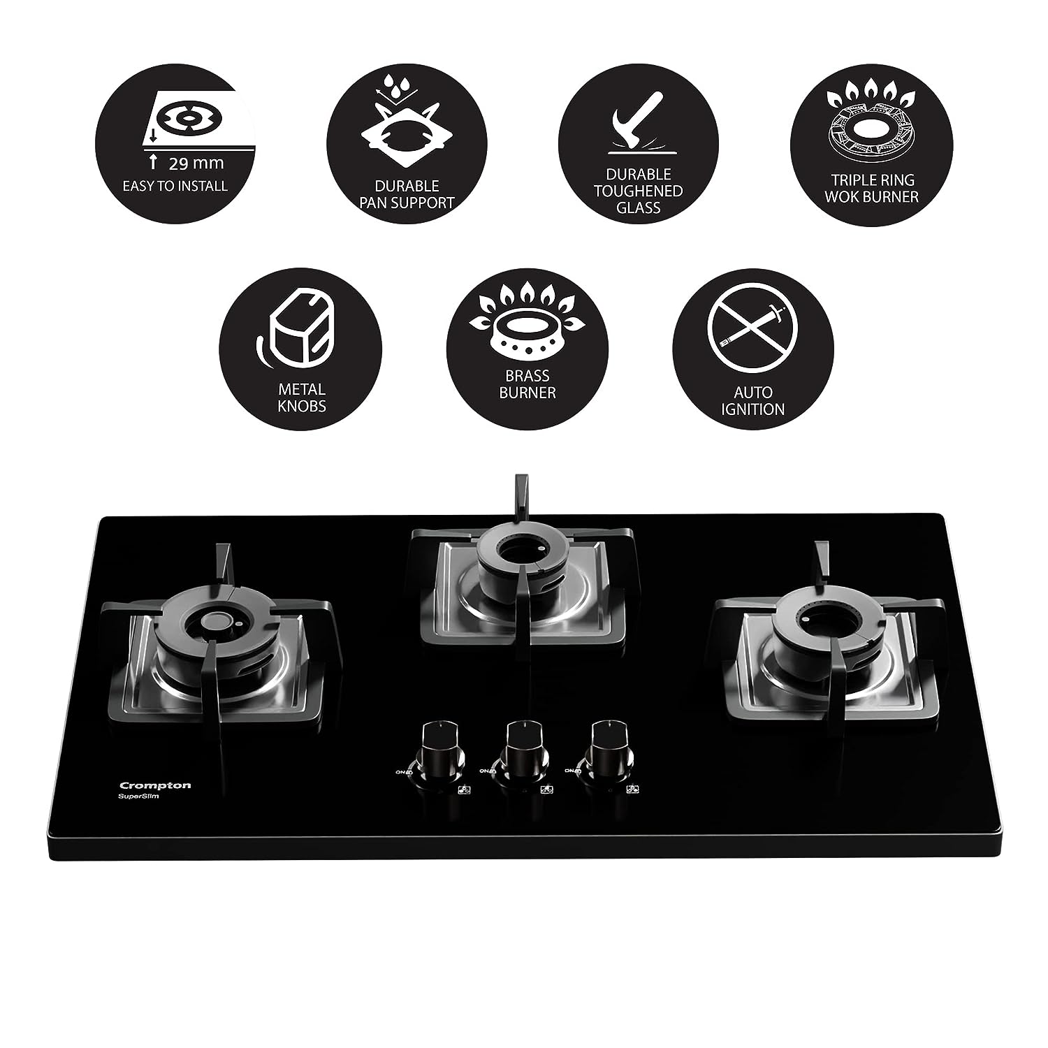 Crompton TAB-SUHB783-MBL SuperSlim Hobs HalfBrass 78cm 3 Burners Midnight Black - Mahajan Electronics Online