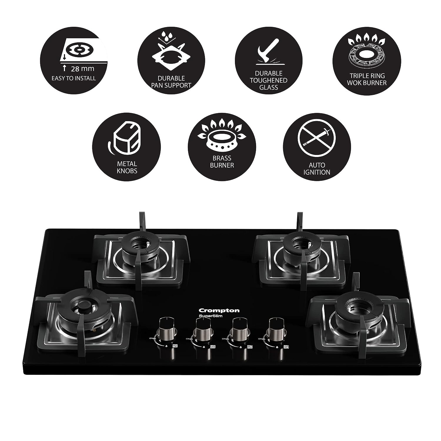 Crompton TAB-SUHB784-MBL SuperSlim Hobs HalfBrass 78cm 4 Burners Midnight Black - Mahajan Electronics Online
