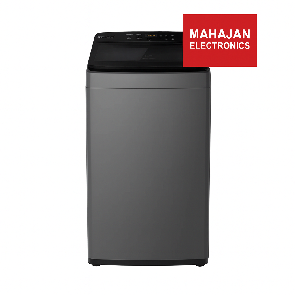 Gray washing machine with Mahajan Electronics logo on a white background