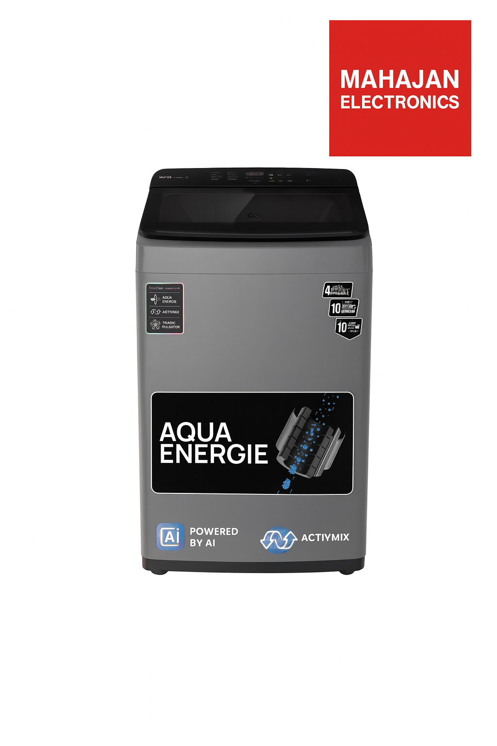 Gray washing machine with Aqua Energie branding and Mahajan Electronics logo on a white background