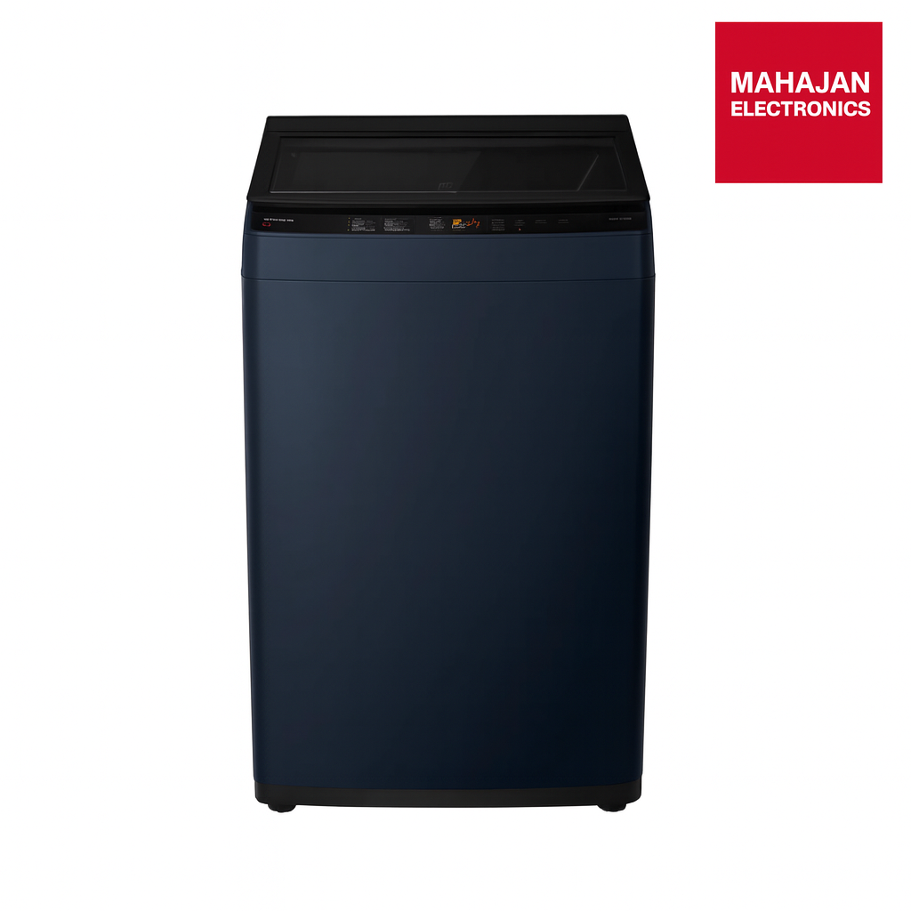Black refrigerator with Mahajan Electronics logo on a white background