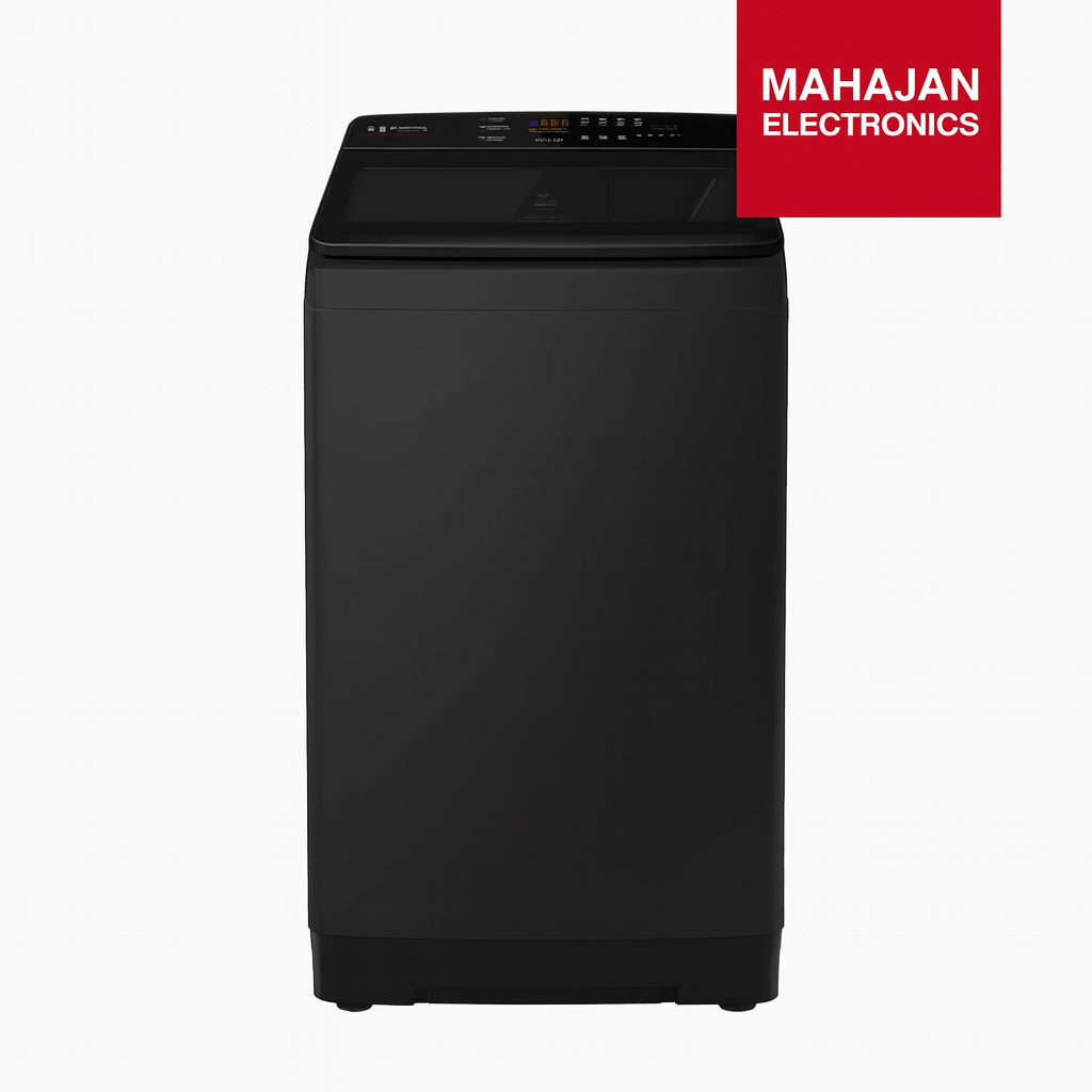 Black washing machine with Mahajan Electronics logo on a white background