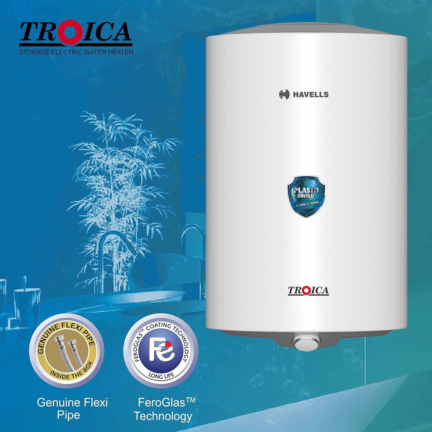 Havells Troica 15-Litre Vertical Storage Water Heater (Geyser) White Grey, 4 star - Mahajan Electronics Online
