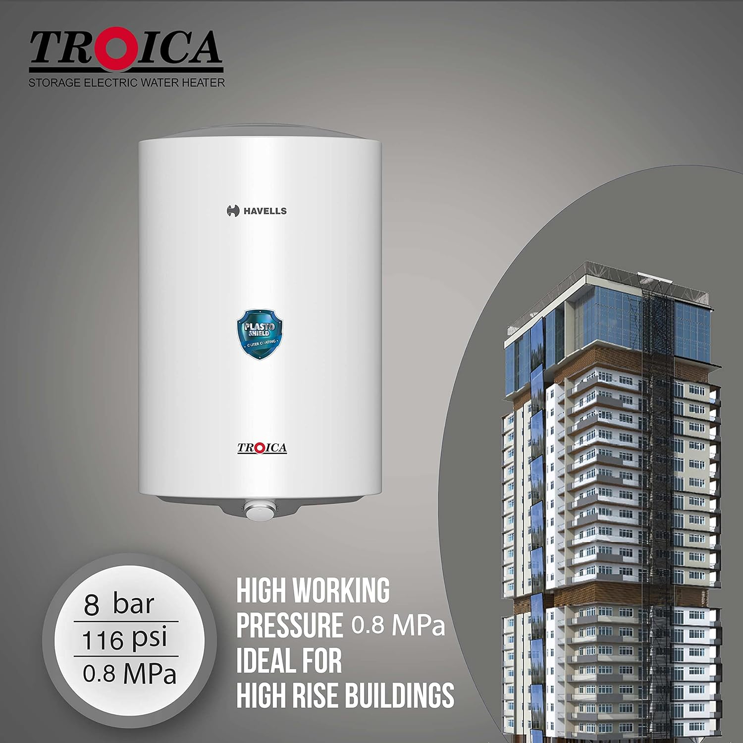 Havells Troica 15-Litre Vertical Storage Water Heater (Geyser) White Grey, 4 star - Mahajan Electronics Online