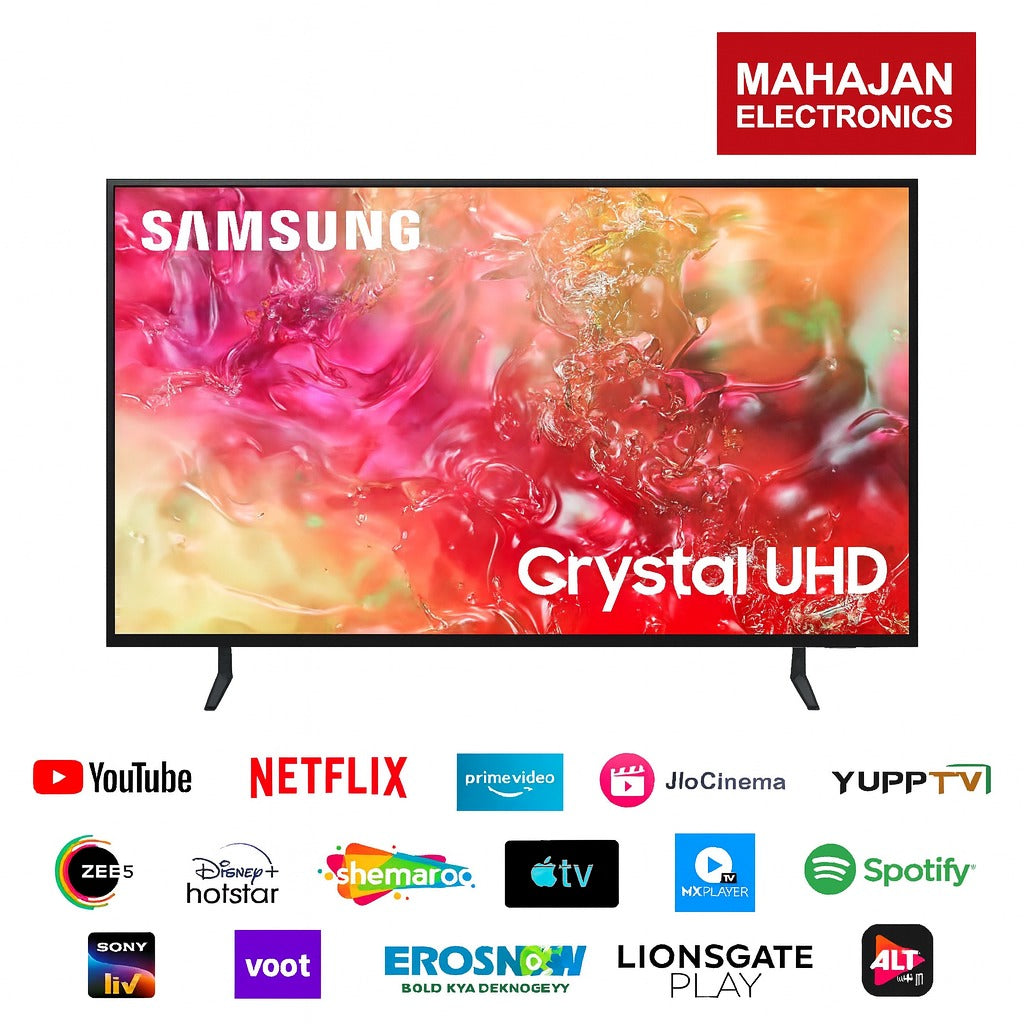 Samsung Crystal UHD TV with streaming platform logos on a white background, featuring Mahajan Electronics branding.