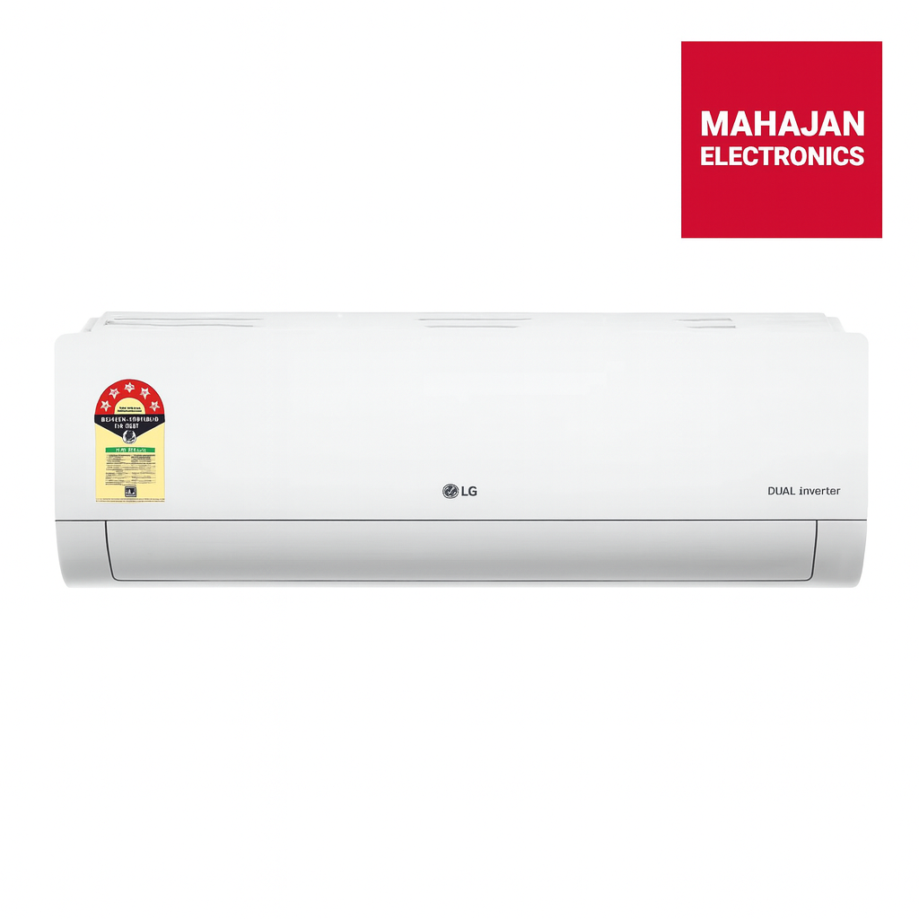 White air conditioner with LG logo and Mahajan Electronics branding on a white background