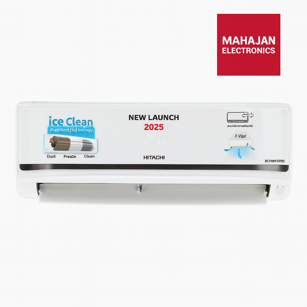 Hitachi air conditioner with Mahajan Electronics logo on a white background