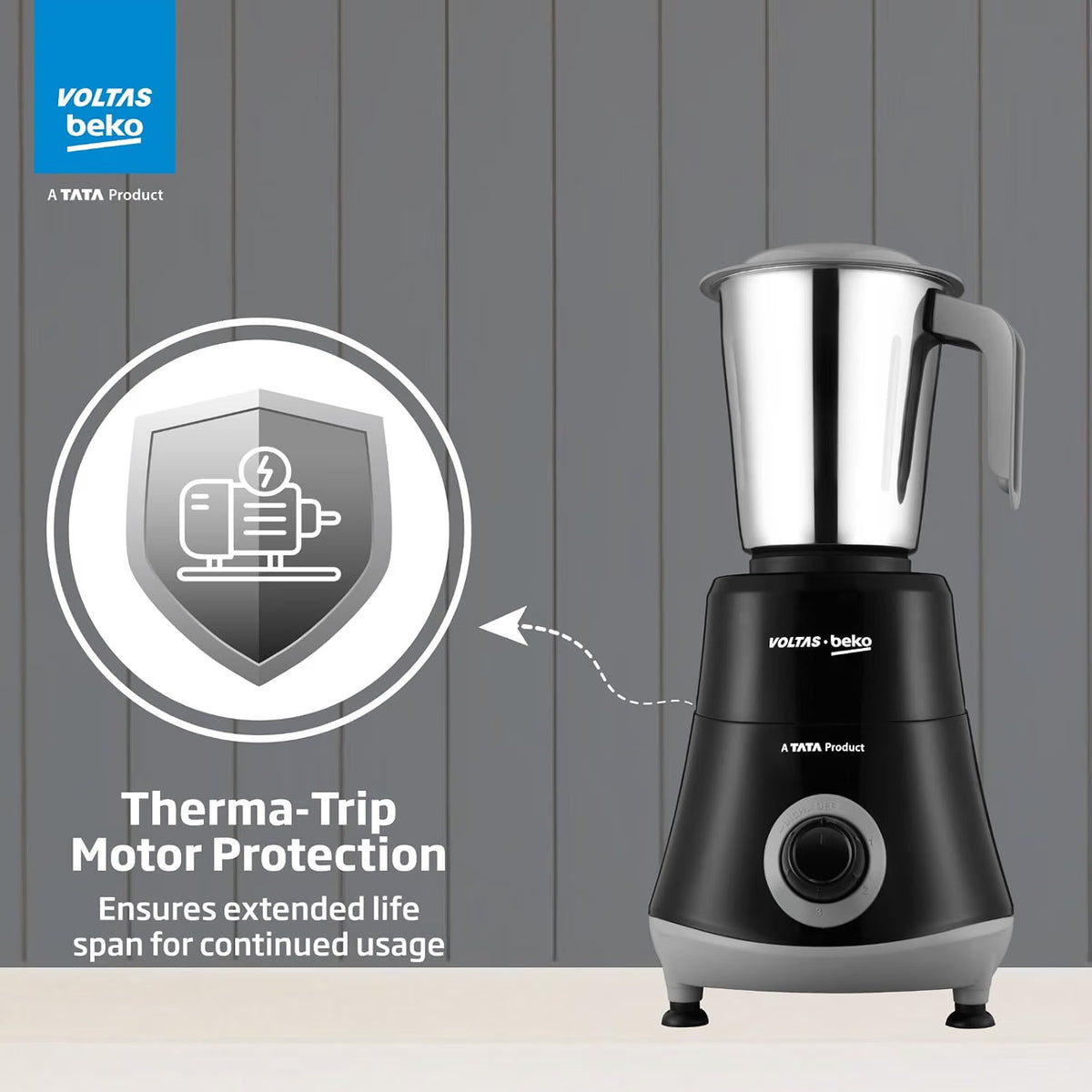 Voltas Beko G5253HP-BG 525W Mixer Grinder | GrindX Technology | 3 Stainless Steel Jars | Black & Grey-Online Mahajan Electronics