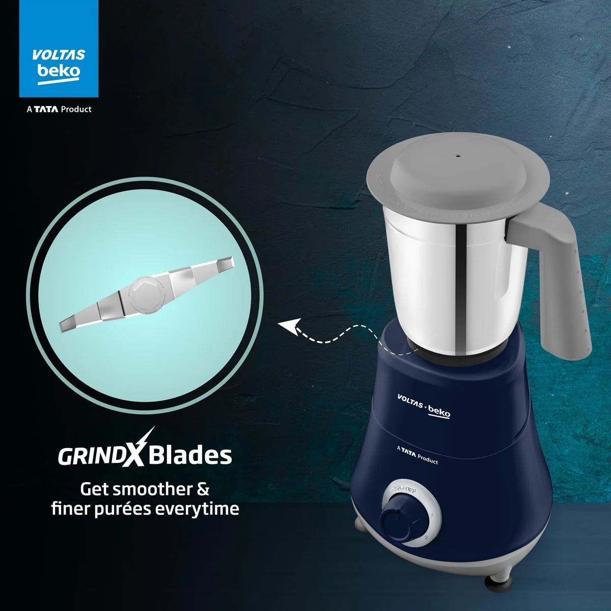 Voltas Beko 500W Mixer Grinder (G5003HP-DB, Blue) | 3 Jars | 20,000 RPM | Stainless Steel Blades | Compact Design- Online Mahajan Electronics